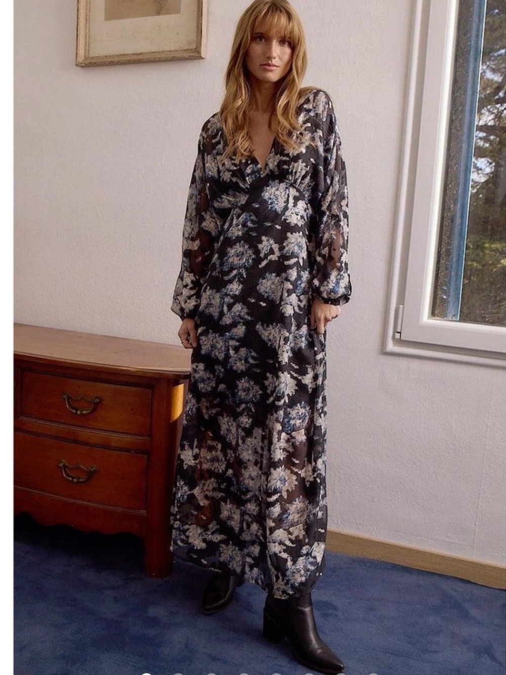 Molly Bracken Floral Maxi Dress Size Small Sheer Long Sleeve Boho Romantic